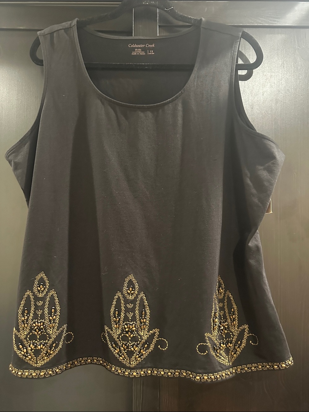 Coldwater Creek Black Tank with Gold Beaded motif